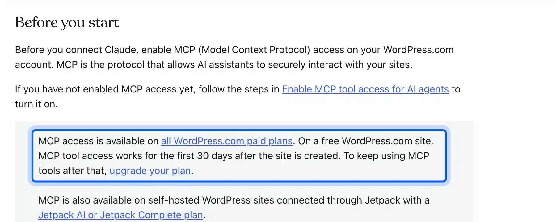 WordPress.com support page saying MCP access is available on paid plans and for 30 days on free sites