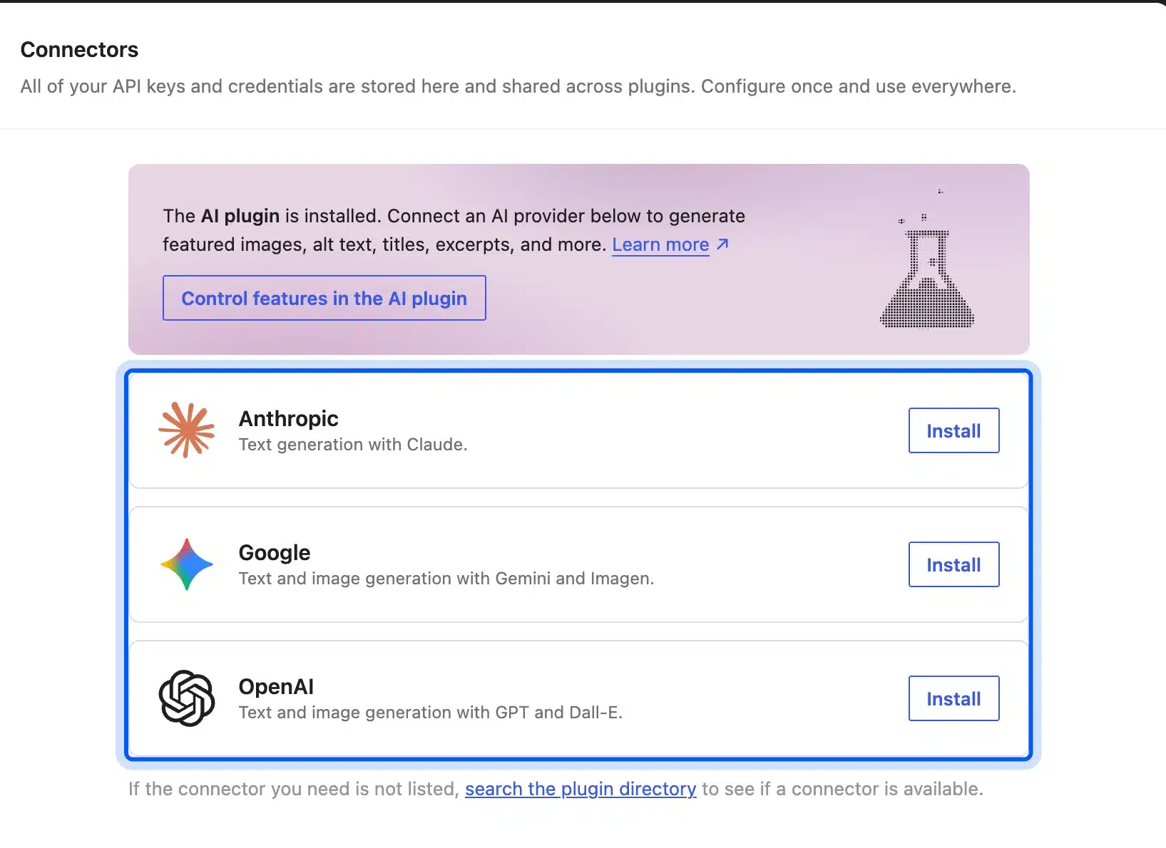 WordPress Connectors screen with Anthropic, Google and OpenAI connector cards highlighted