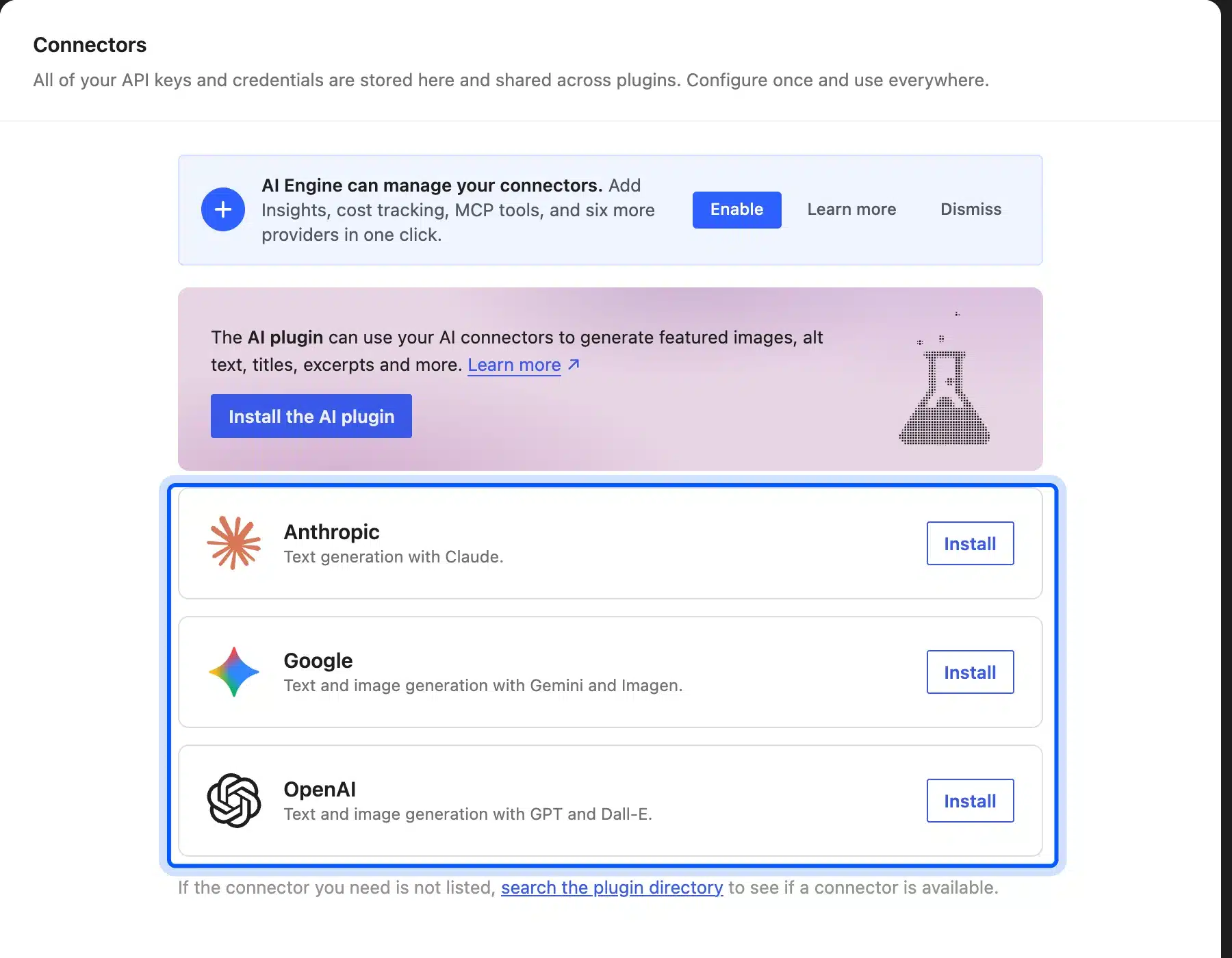 WordPress Connectors screen listing AI providers