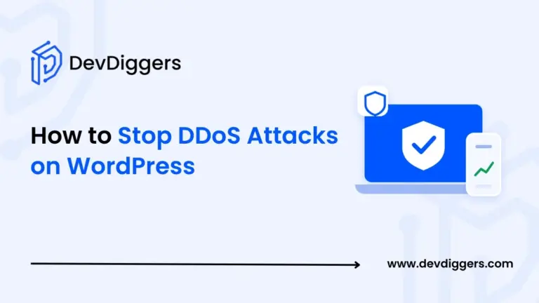 Flat laptop and phone with shield icon beside the title How to Stop DDoS Attacks on WordPress