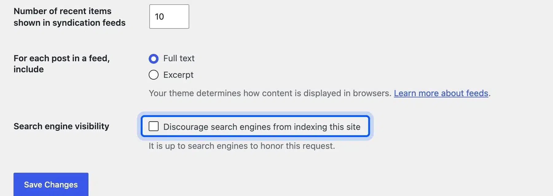 WordPress search engine visibility setting under Reading