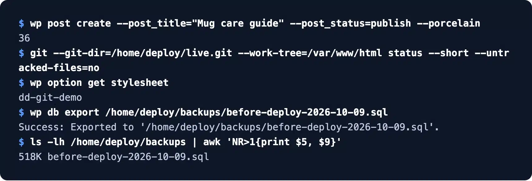 WordPress database outside Git with a wp db export backup before deploy