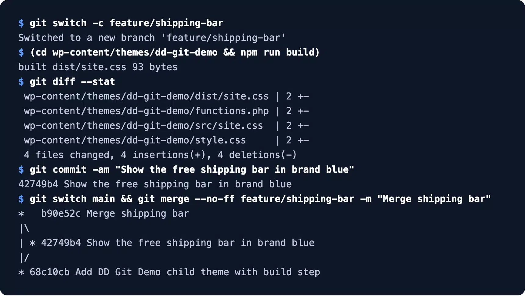 Git feature branch with a build step merged into main for a WordPress theme