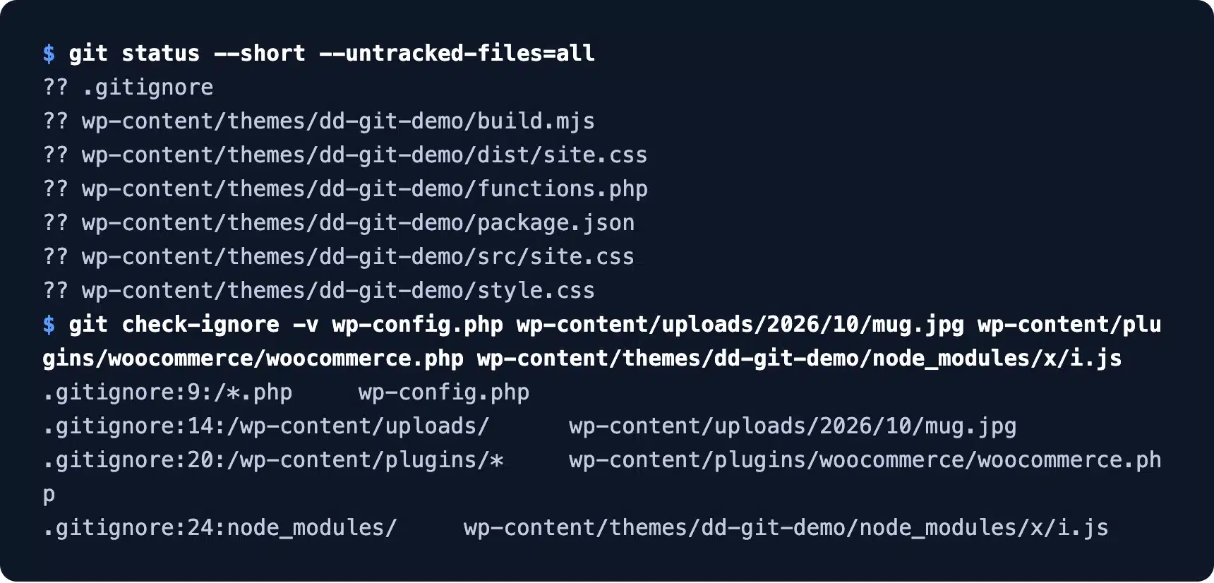WordPress Git check-ignore output showing the config file and uploads stay out of the repo