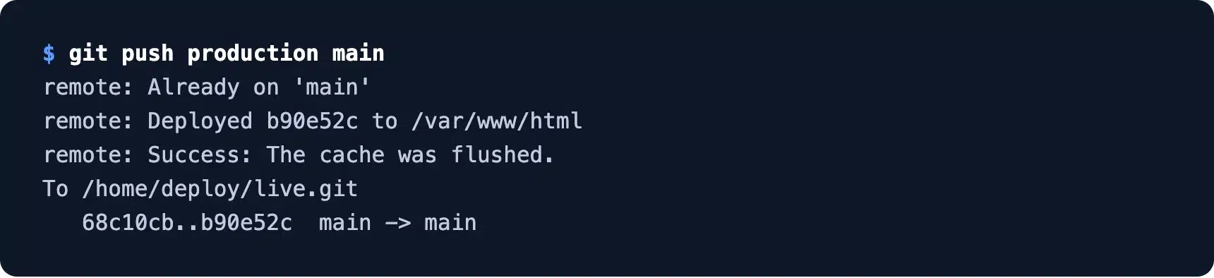 Git push output showing a WordPress deployment from the post-receive hook