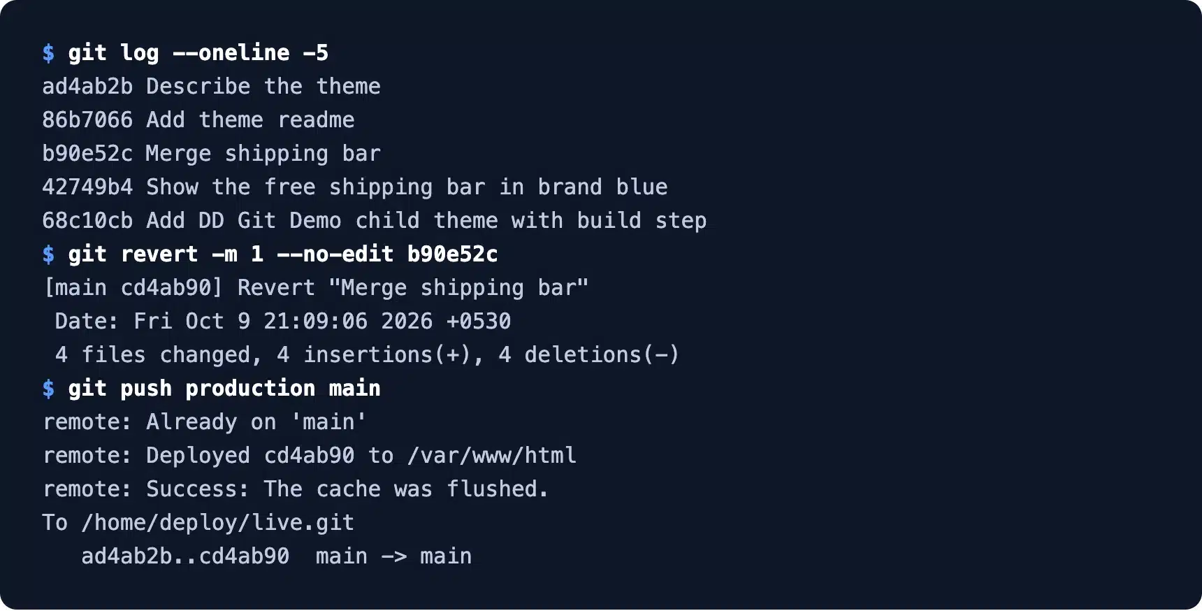 Rollback of a WordPress Git deploy with git revert and push