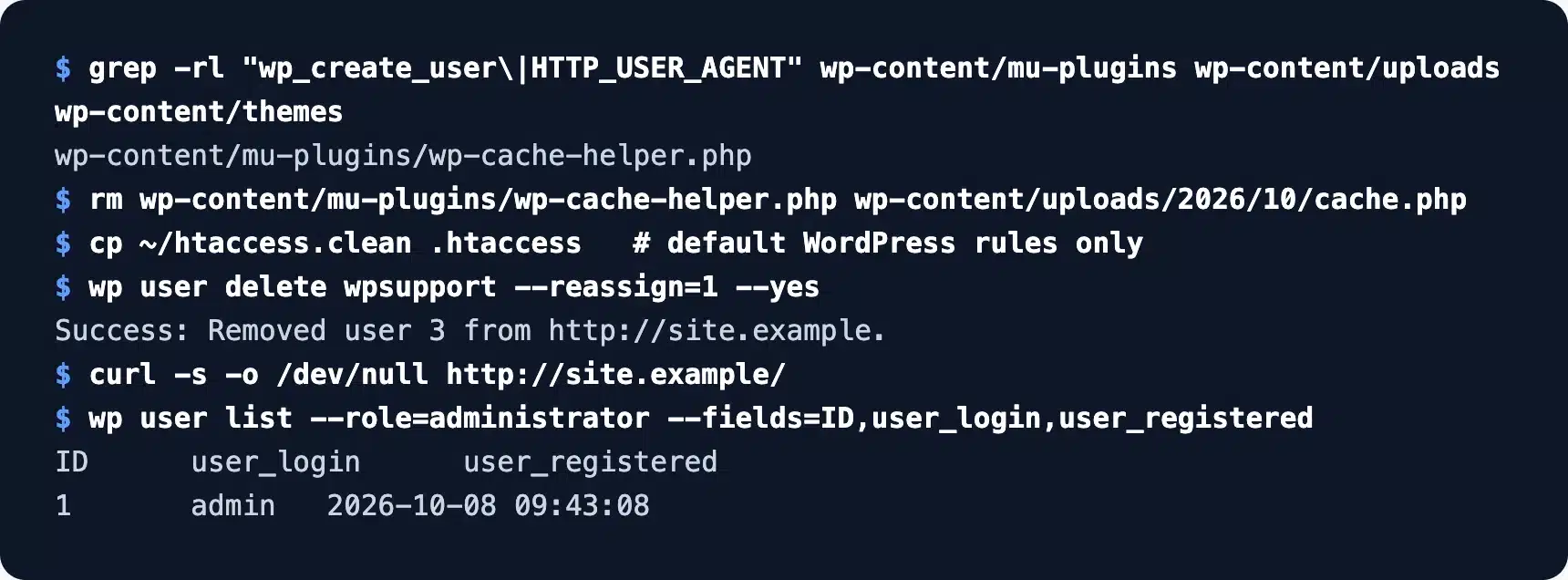 Backdoor removed and rogue admin deleted for good on a WordPress site
