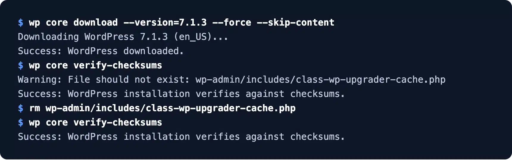WordPress core reinstalled and verified with WP-CLI checksums
