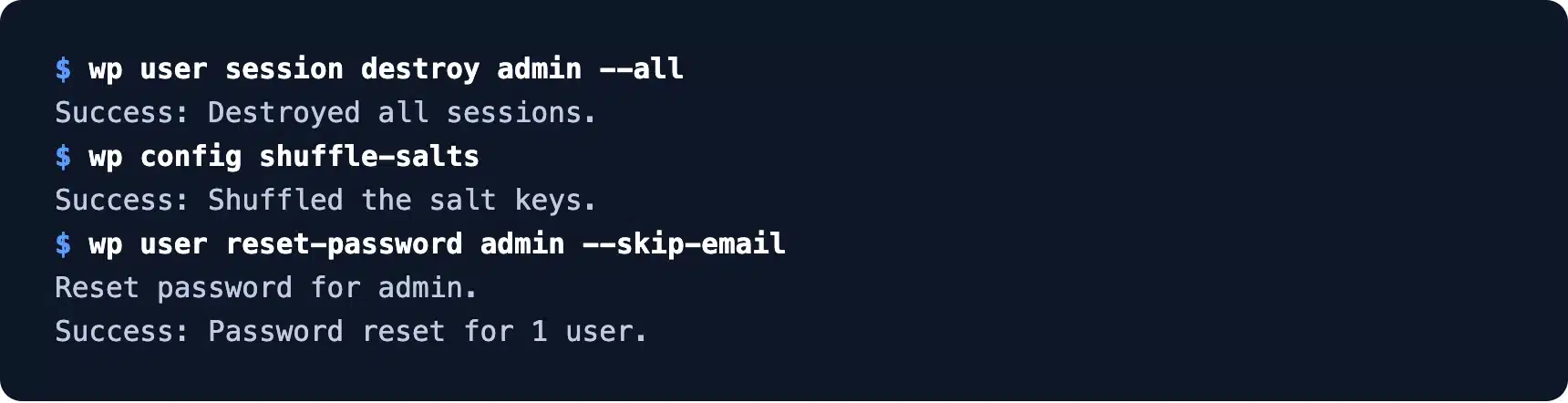 WP-CLI commands that end sessions, shuffle salts and reset a password