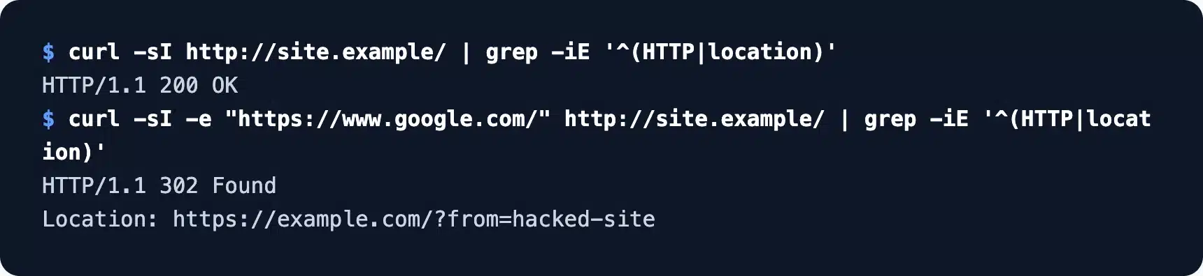 Curl test showing a malicious redirect only for visitors from Google