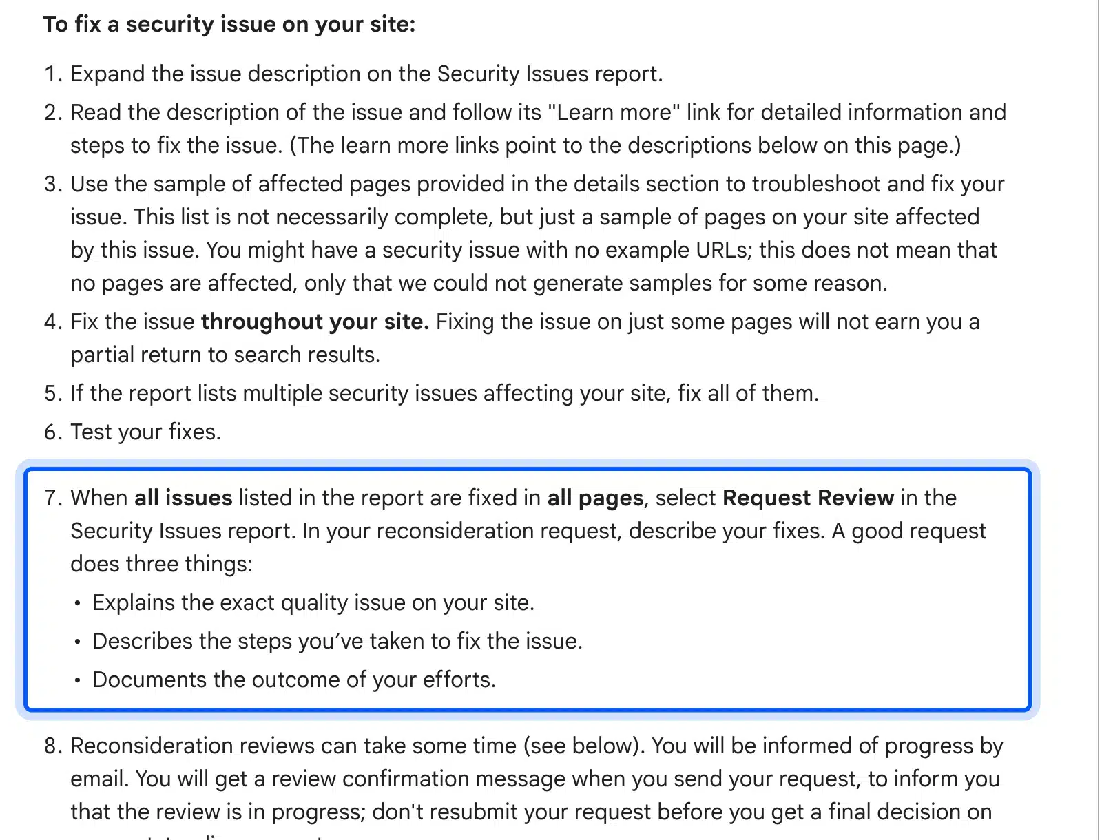 Google Search Console help on requesting a security review