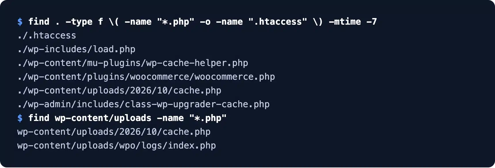 Find command listing recently modified PHP files on a WordPress site