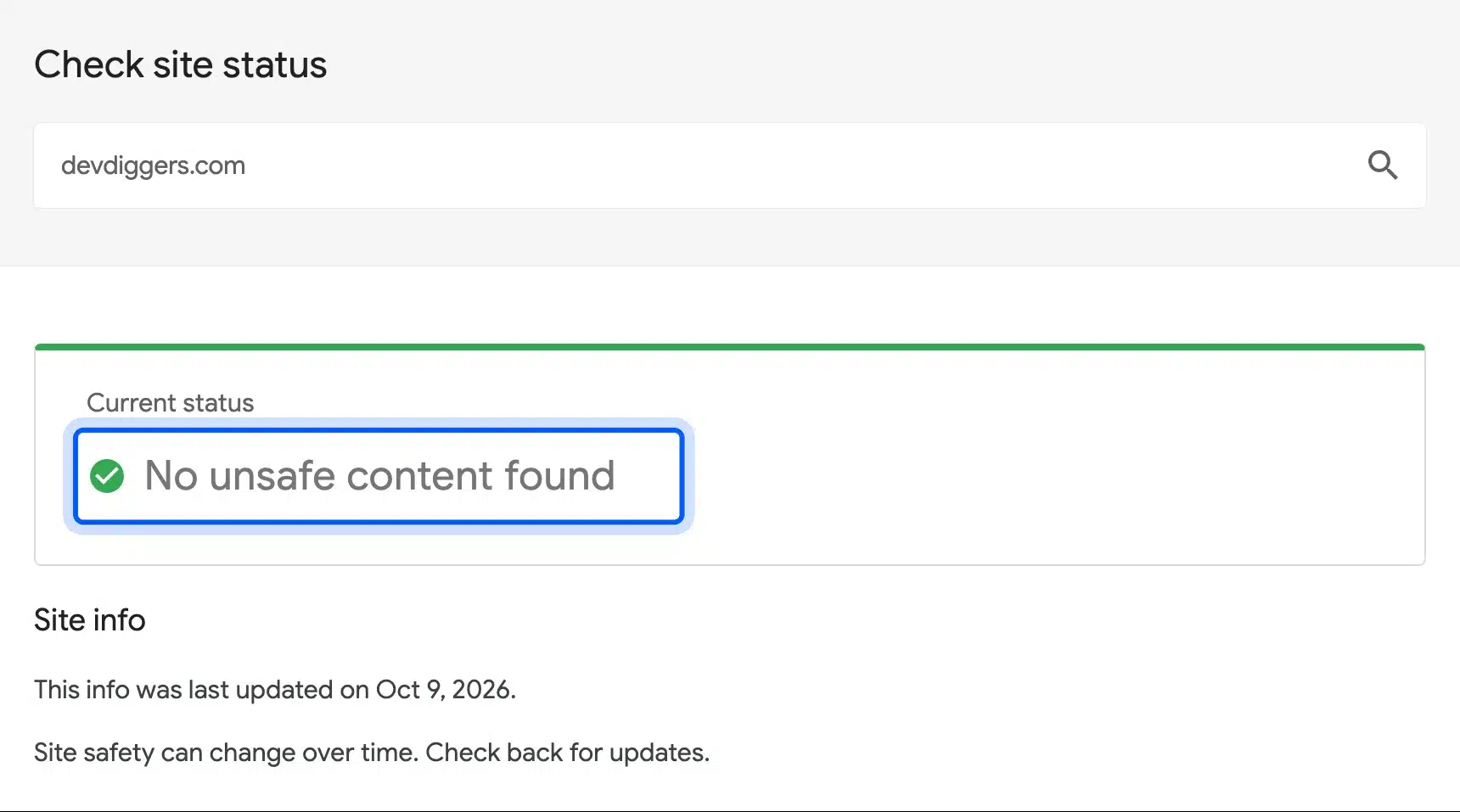 Google Safe Browsing site status check with no unsafe content found
