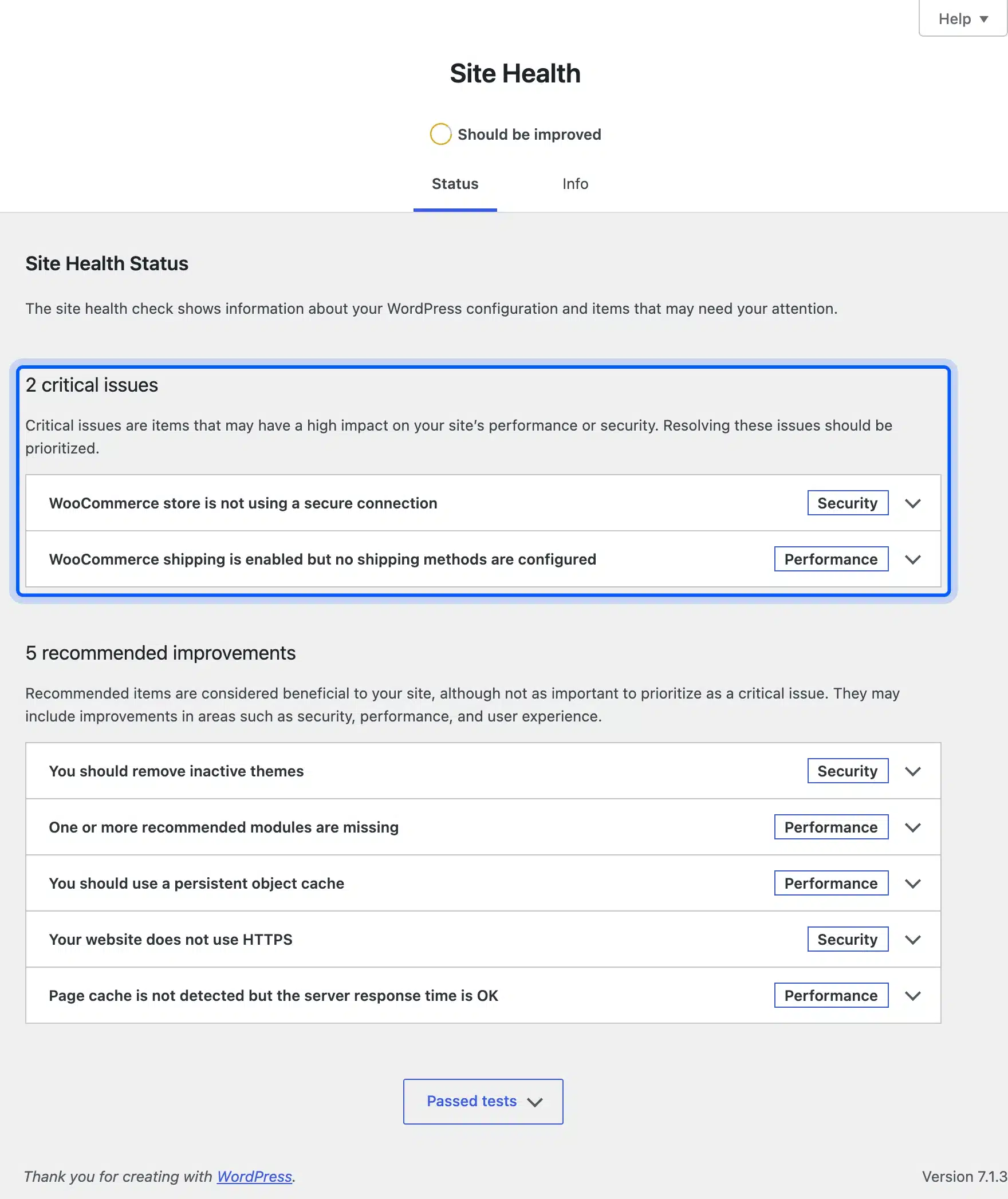 WordPress Site Health screen showing no hack warnings