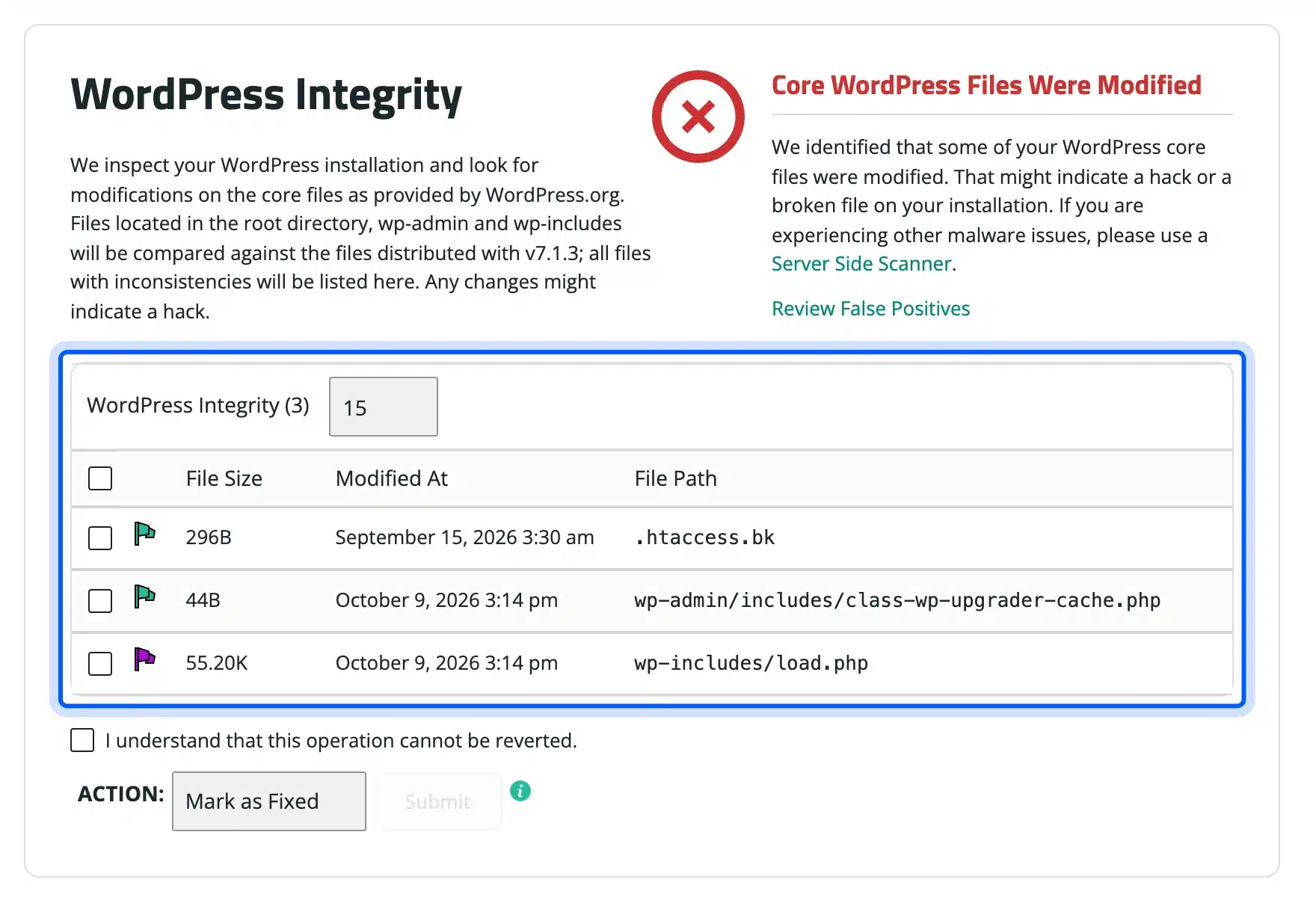 Sucuri Security integrity check listing modified WordPress core files