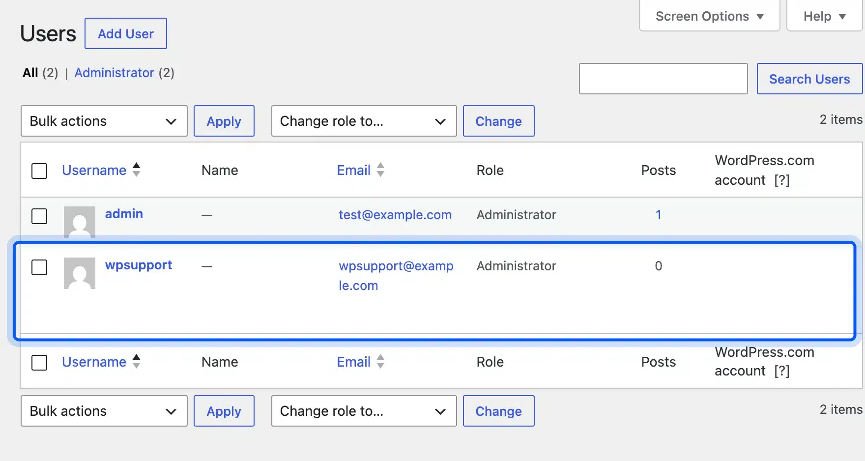 Unknown administrator account on the WordPress Users screen