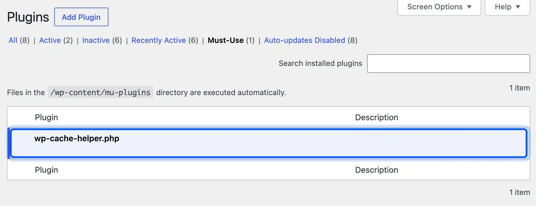 Unknown must-use plugin file on the WordPress Plugins screen