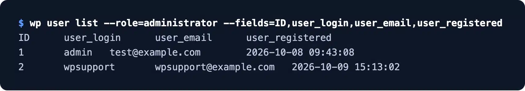 WP-CLI user list showing a second administrator with a new registration date