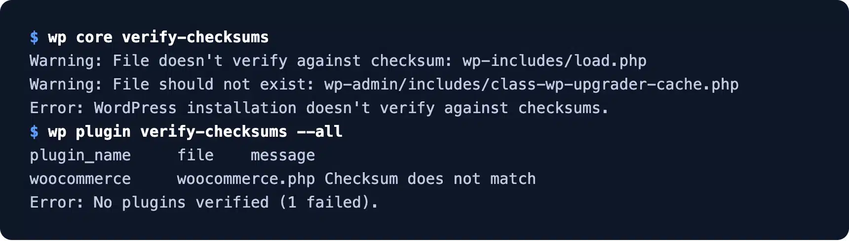 WP-CLI verify-checksums flagging changed WordPress and WooCommerce files