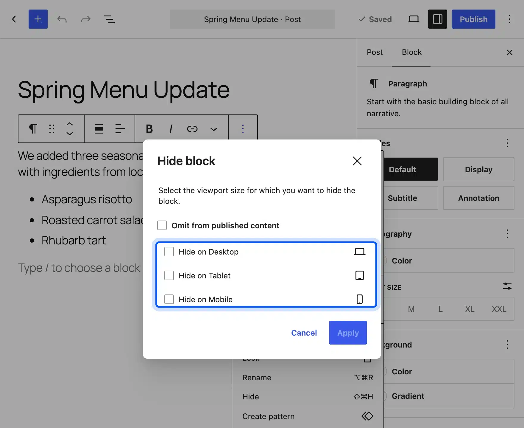 Hide block dialog with options for desktop, tablet and mobile