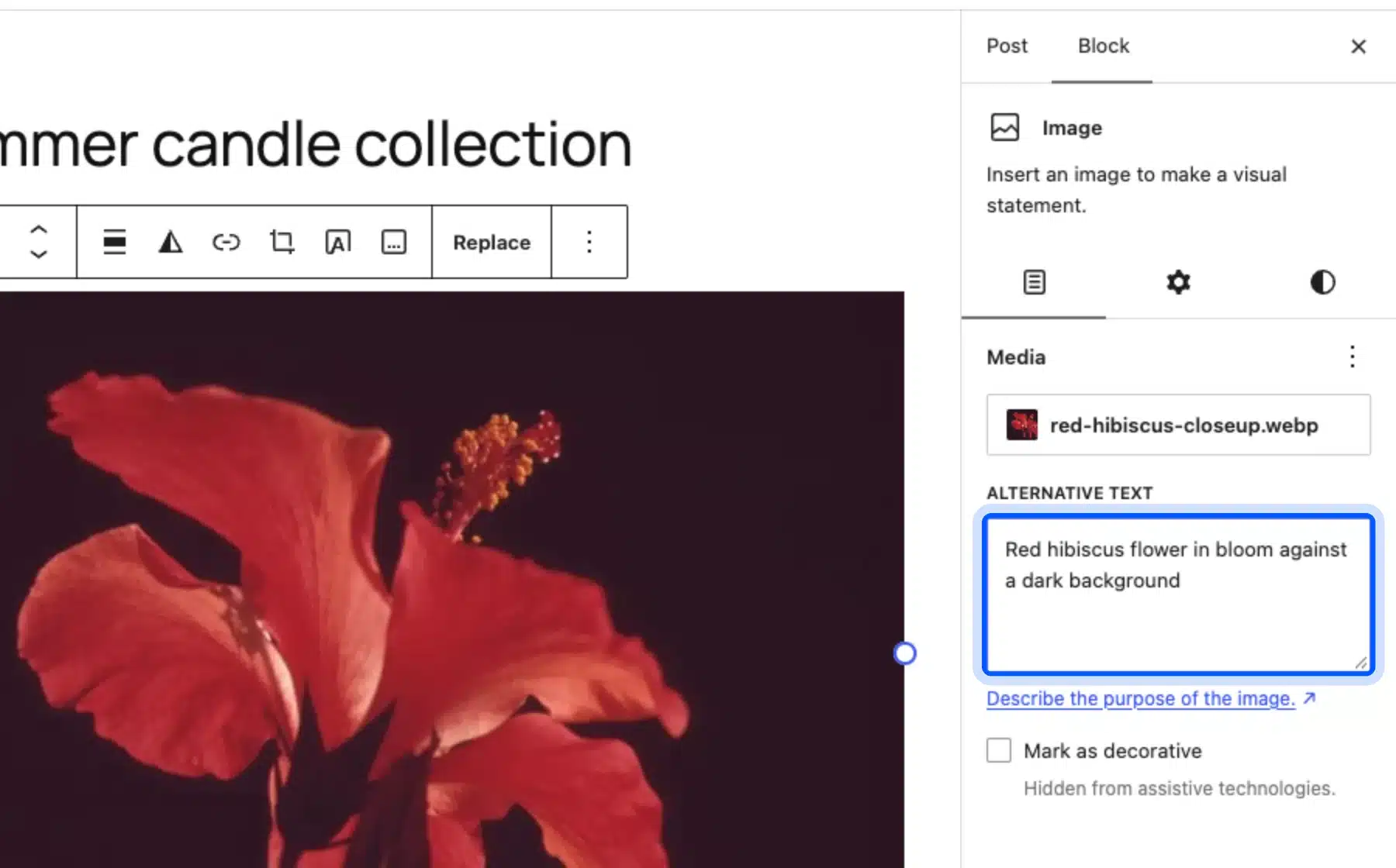 WordPress image block sidebar showing alt text for a red hibiscus flower