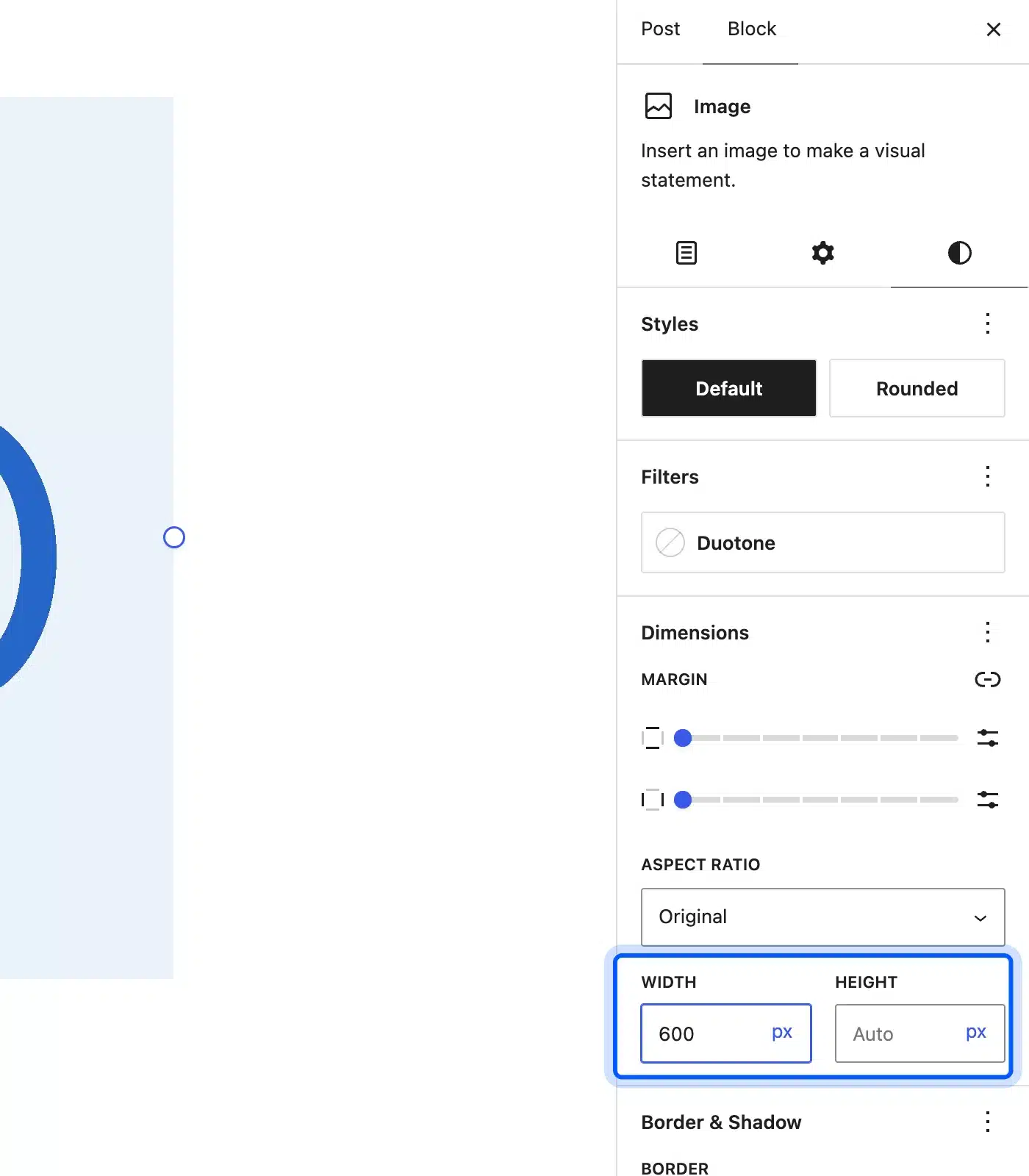 Width and height fields in the image block settings