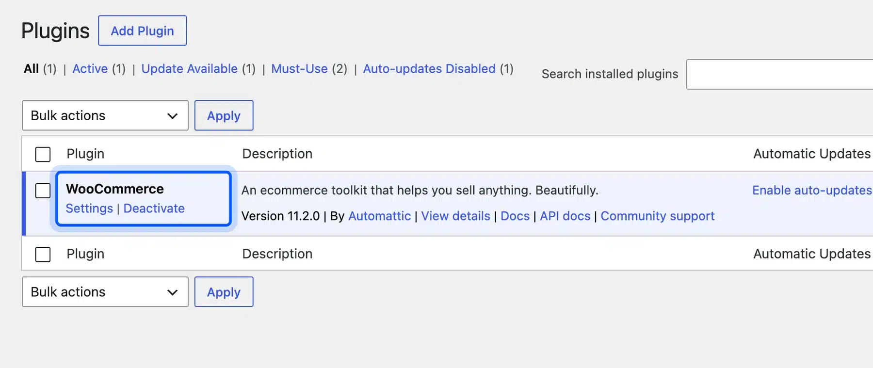 Deactivate link under WooCommerce on the Installed Plugins screen