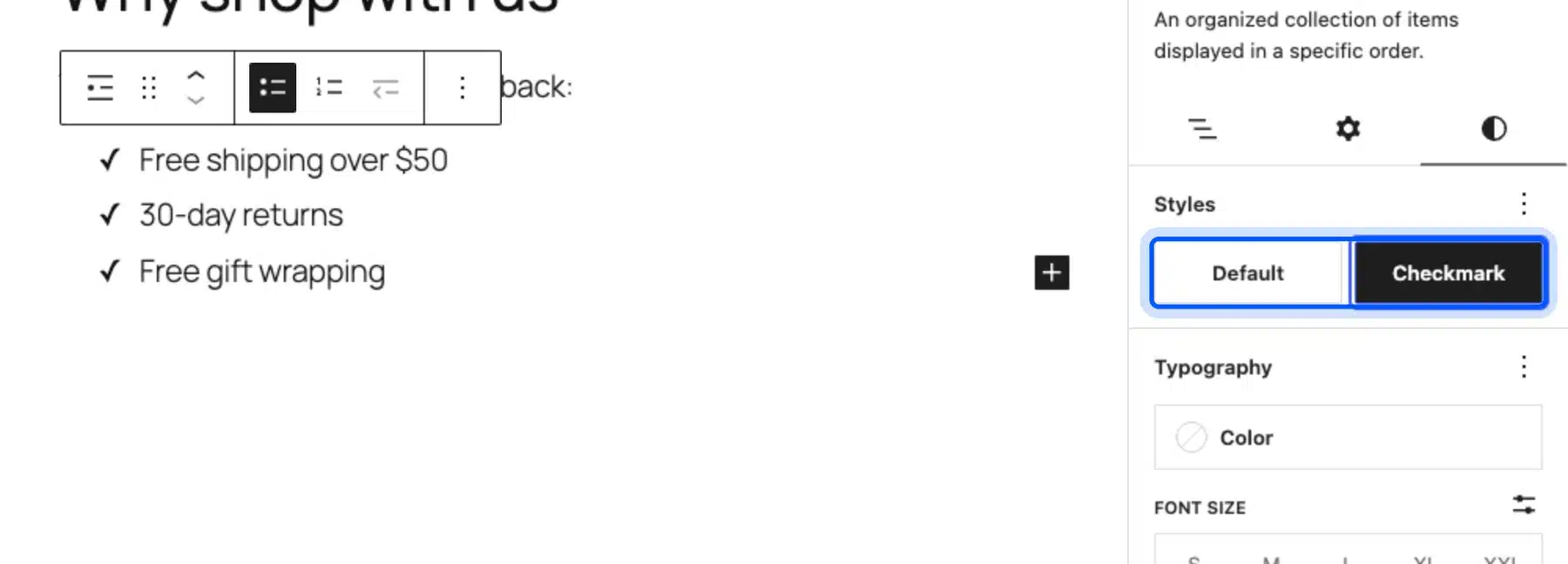 WordPress List block Styles tab with Default and Checkmark options and a checkmark list