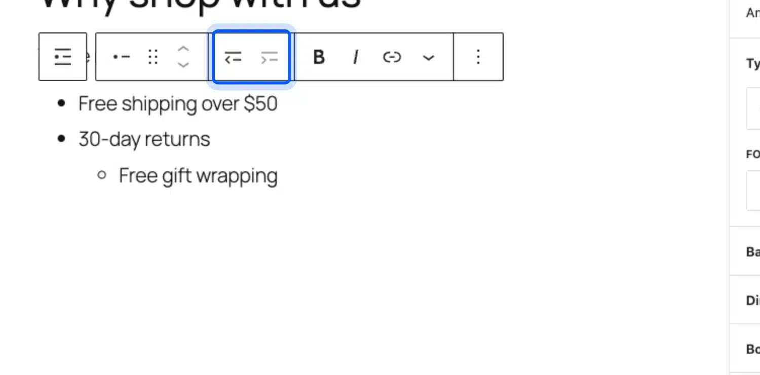 WordPress list item toolbar with the Outdent and Indent buttons highlighted above a nested list