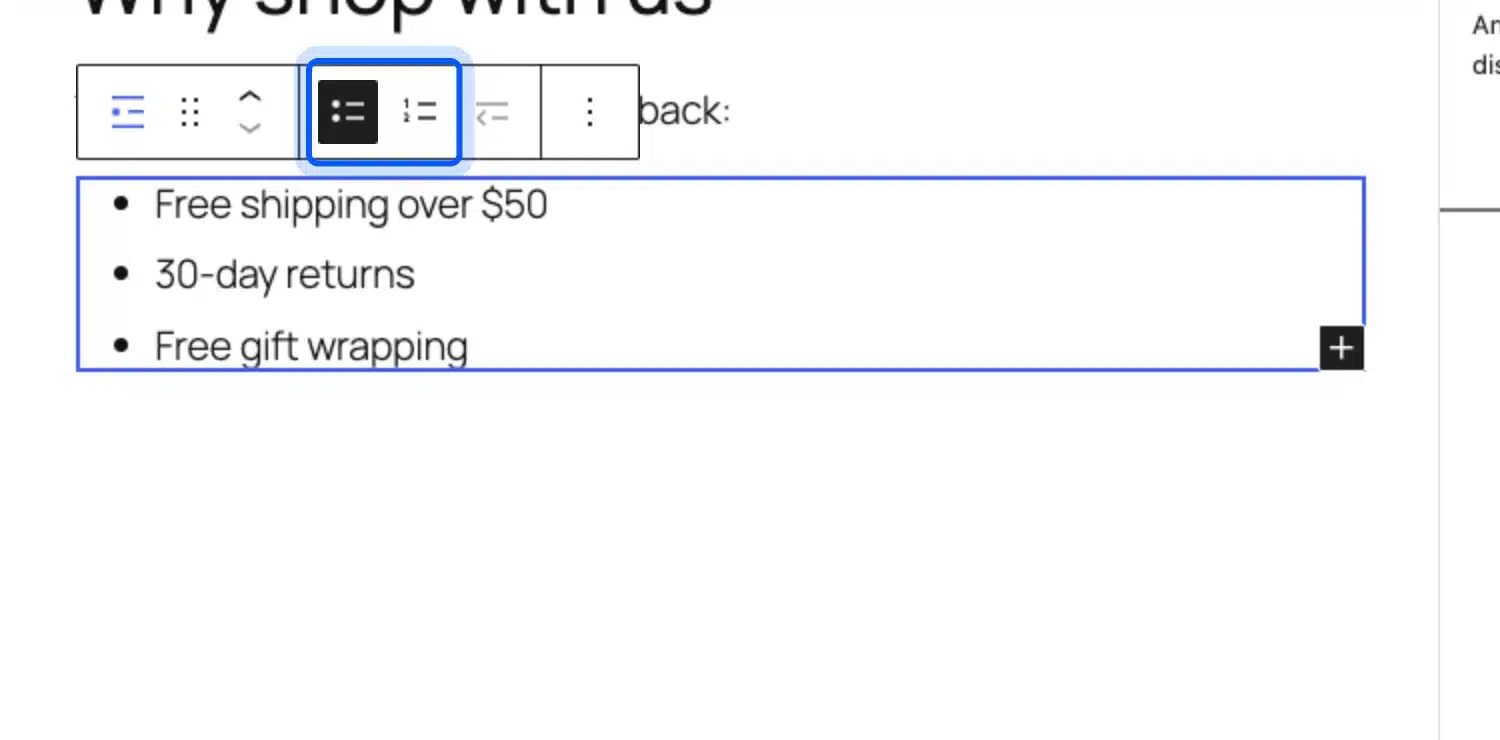 WordPress List block toolbar with the Unordered and Ordered buttons highlighted