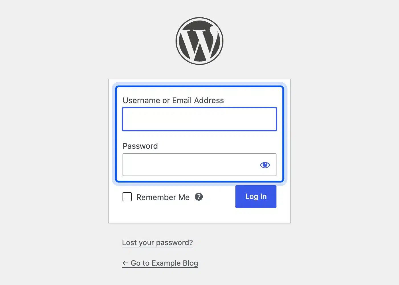 WordPress login screen with the username and password fields