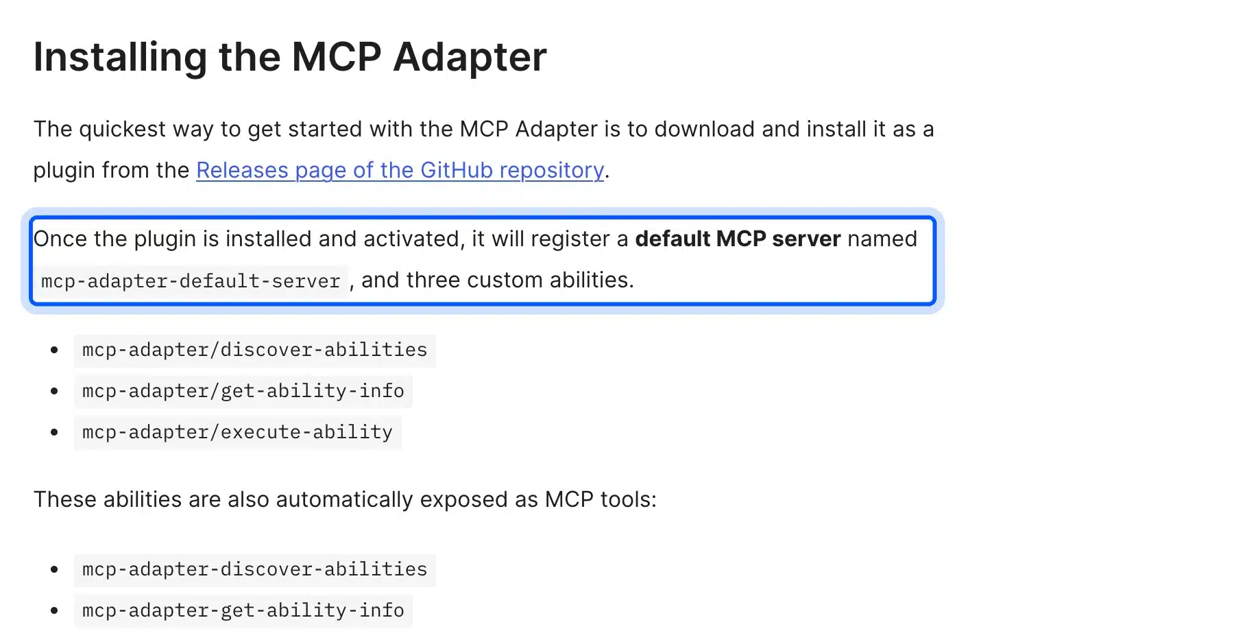 WordPress Developer Blog section on installing the MCP Adapter and its default MCP server