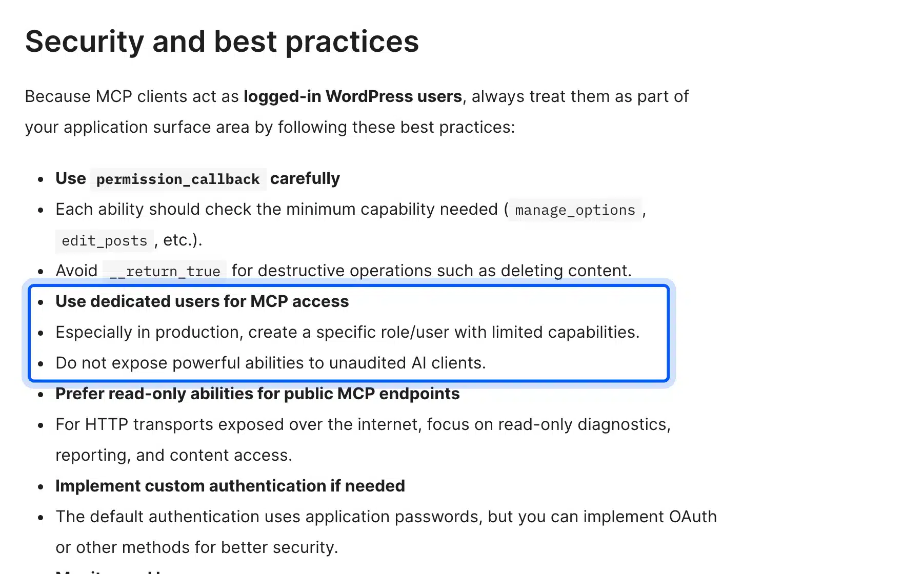 WordPress Developer Blog security best practices with the use dedicated users advice highlighted