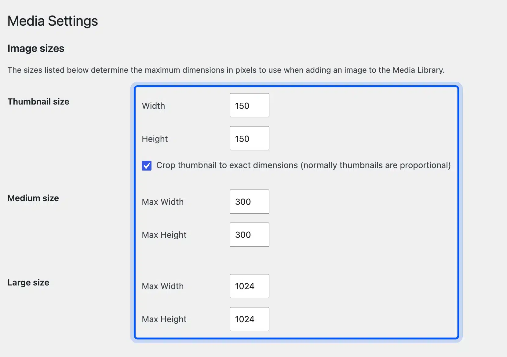 Image size fields on the WordPress Media Settings screen