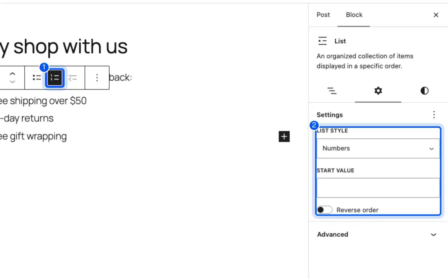 WordPress ordered list settings with list style, start value and reverse order controls highlighted