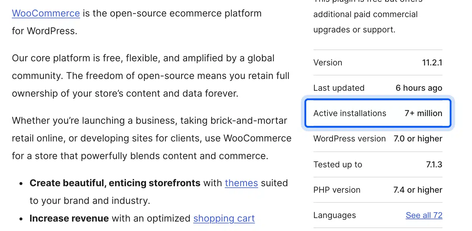 WooCommerce plugin page showing 7+ million active installations