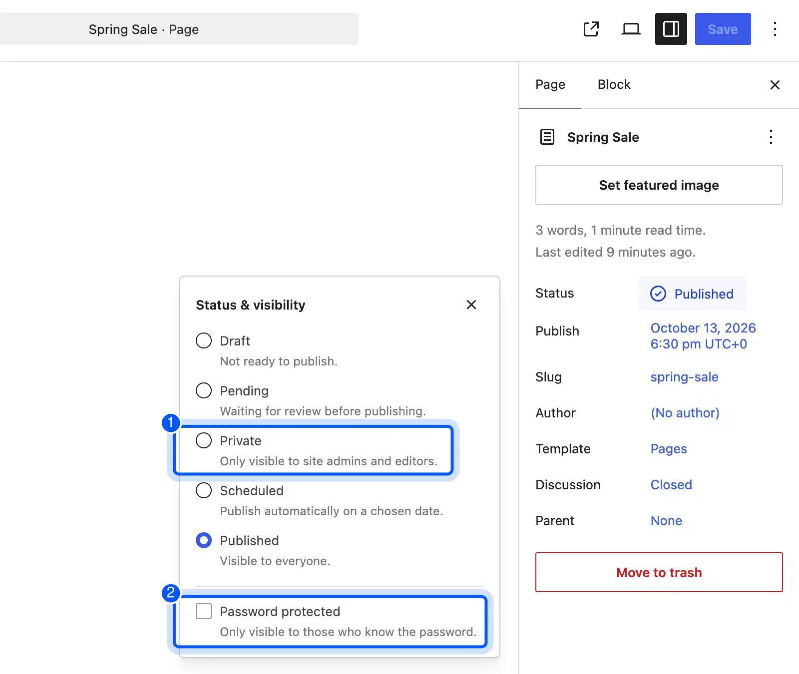 Private and Password protected options in the Status and visibility panel