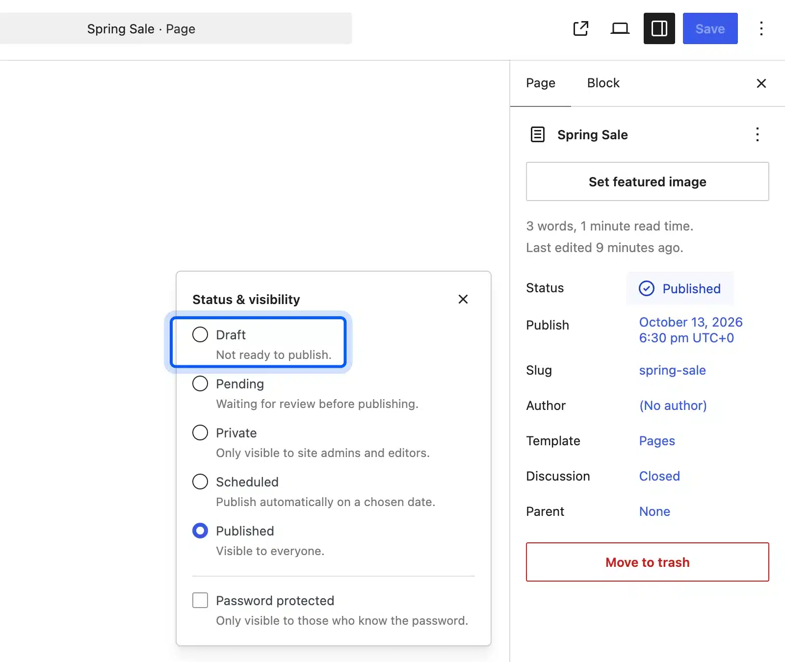 Draft option in the Status and visibility panel of the WordPress editor