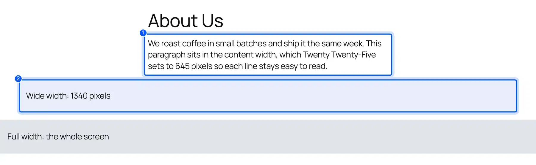 WordPress page width with content, wide and full width blocks
