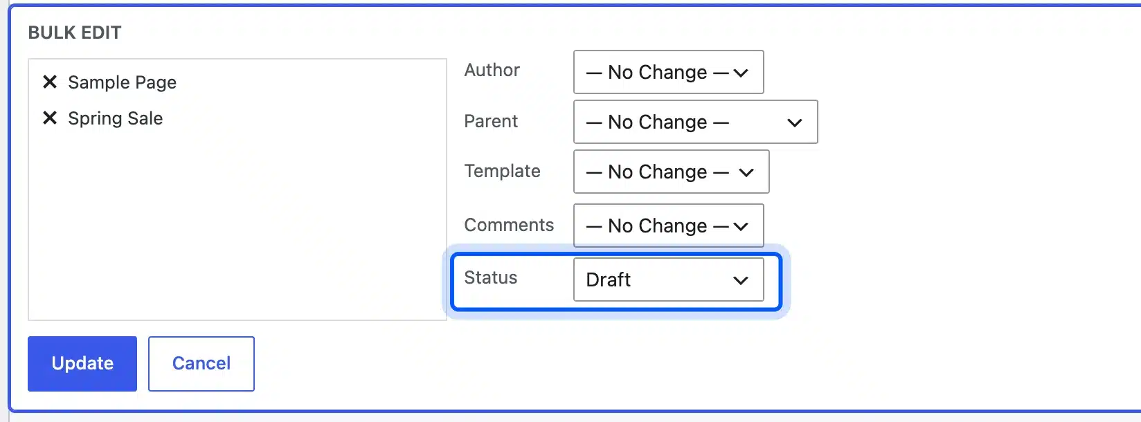 Bulk Edit panel with Status set to Draft