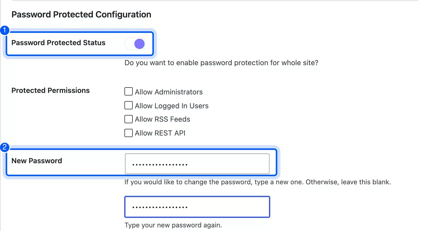 Password Protected plugin status toggle and new password fields