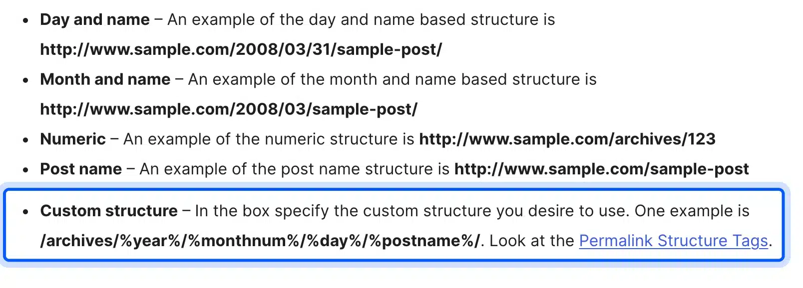 WordPress custom permalink structure option in the docs
