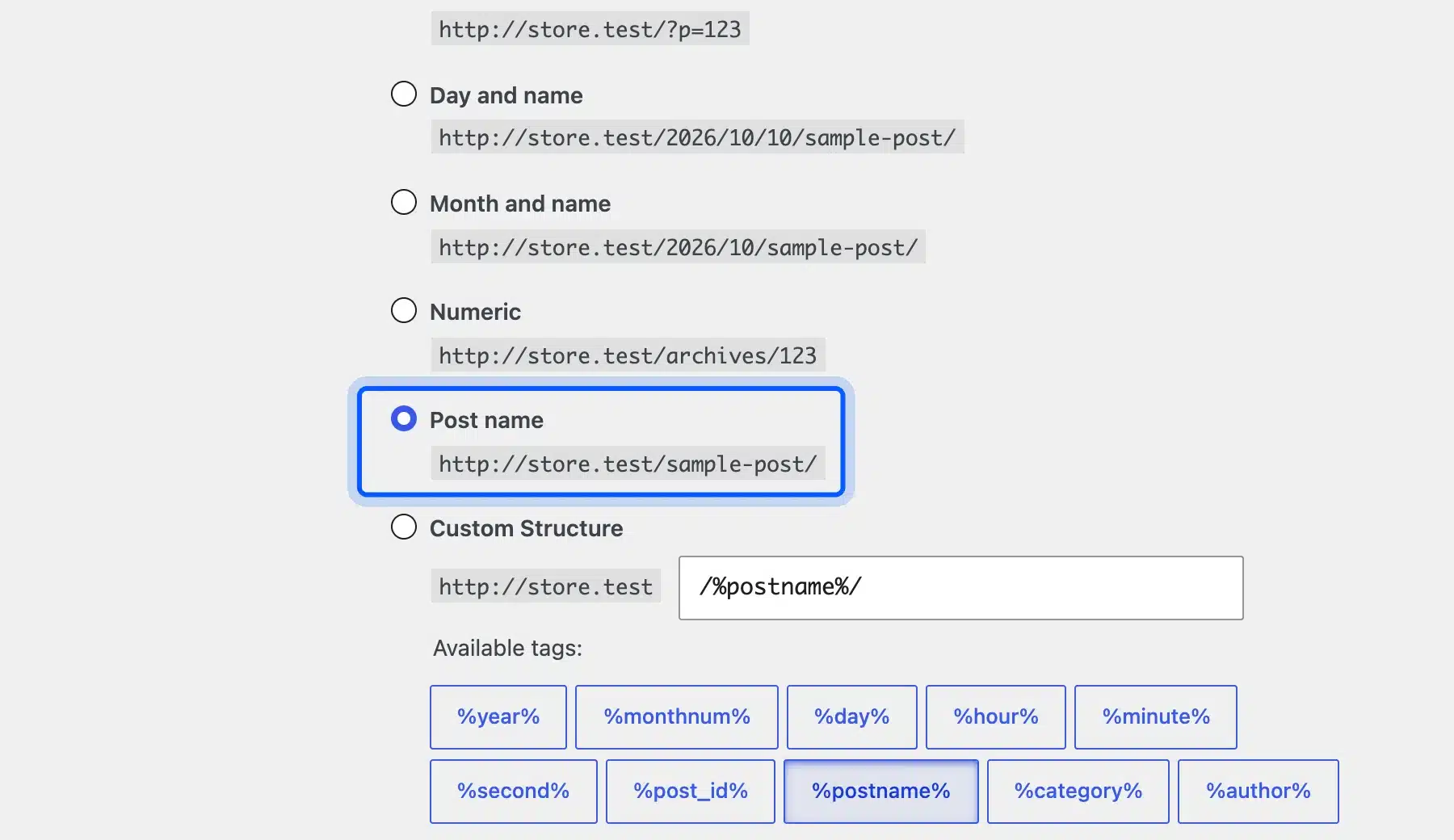 Post name option in the WordPress Permalinks settings
