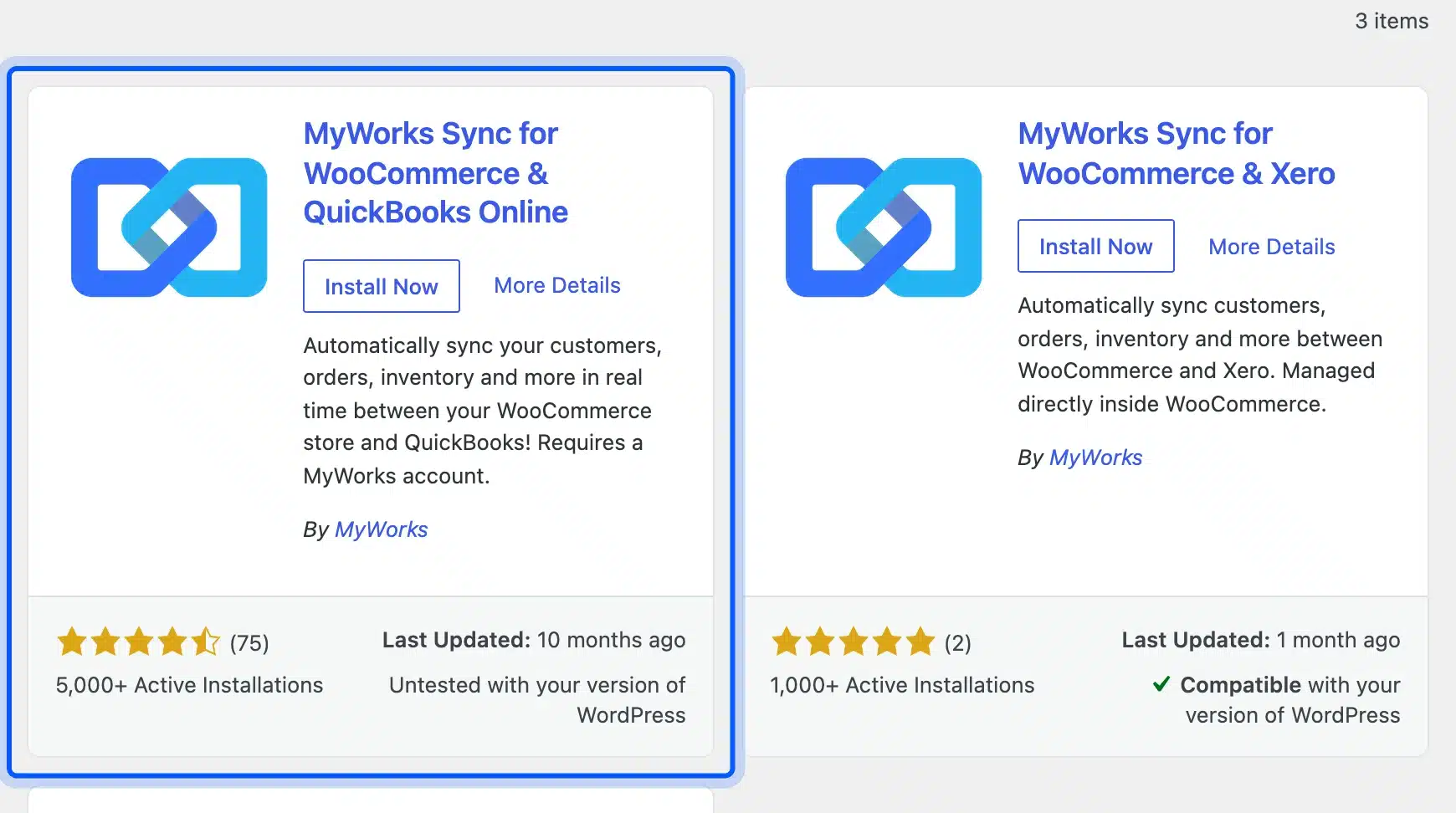 MyWorks Sync for WooCommerce and QuickBooks Online card in the WordPress plugin search results