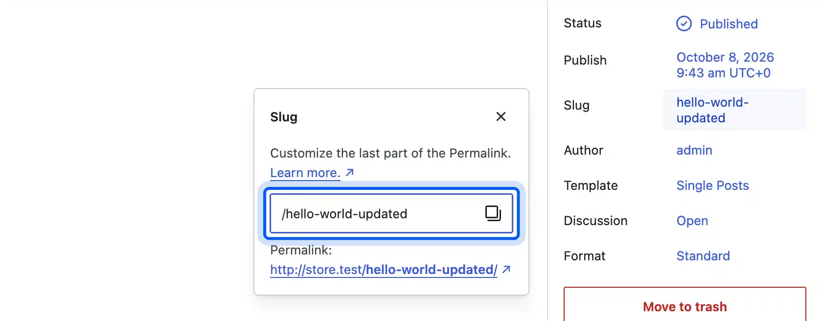 Slug field with a new slug in the WordPress post editor