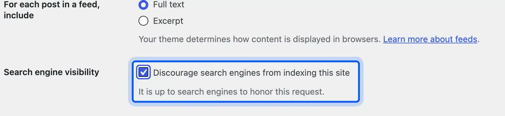 Discourage search engines from indexing this site checkbox in Reading Settings
