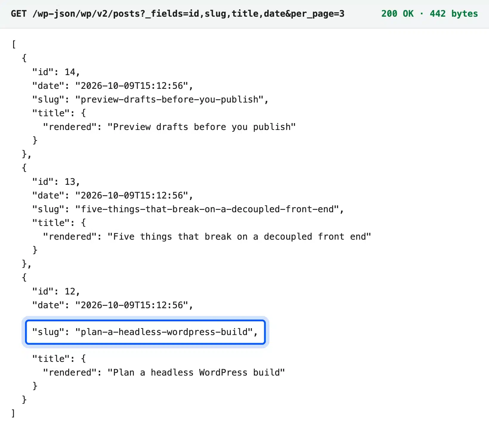 WordPress REST API posts response in JSON with the slug field highlighted