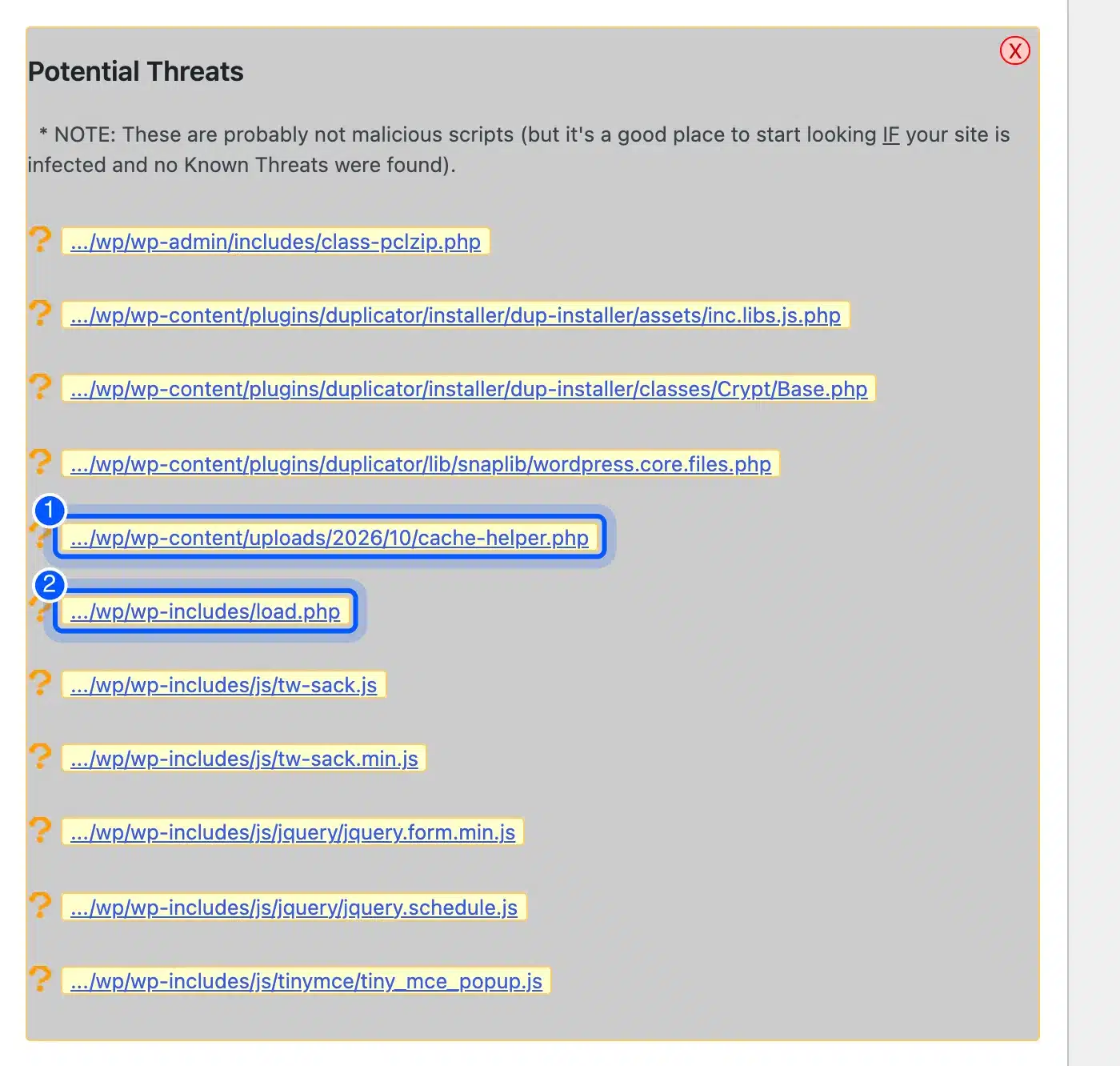 Potential Threats list with two planted files marked