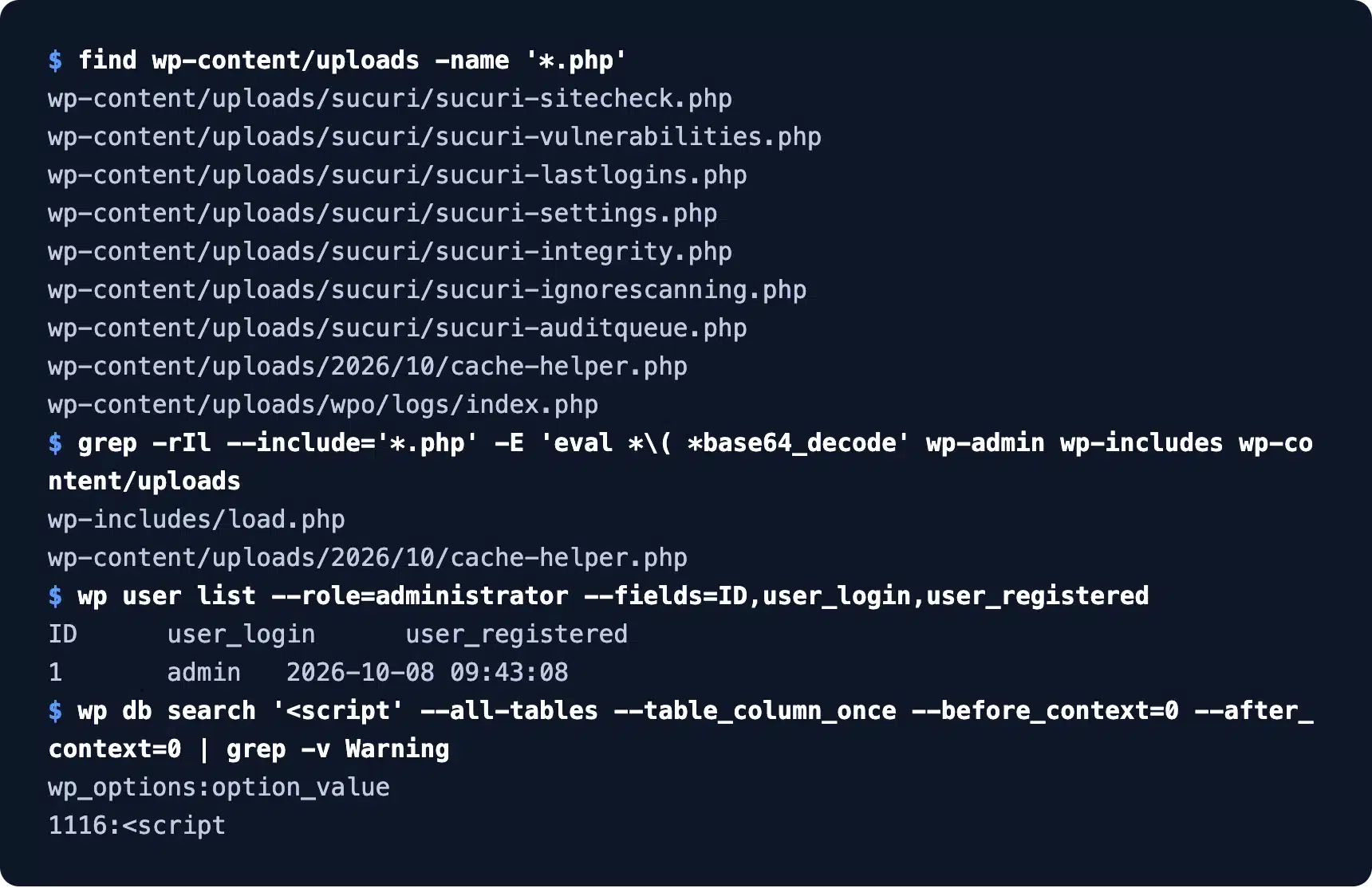 Manual WordPress checks for PHP in uploads and unknown admins