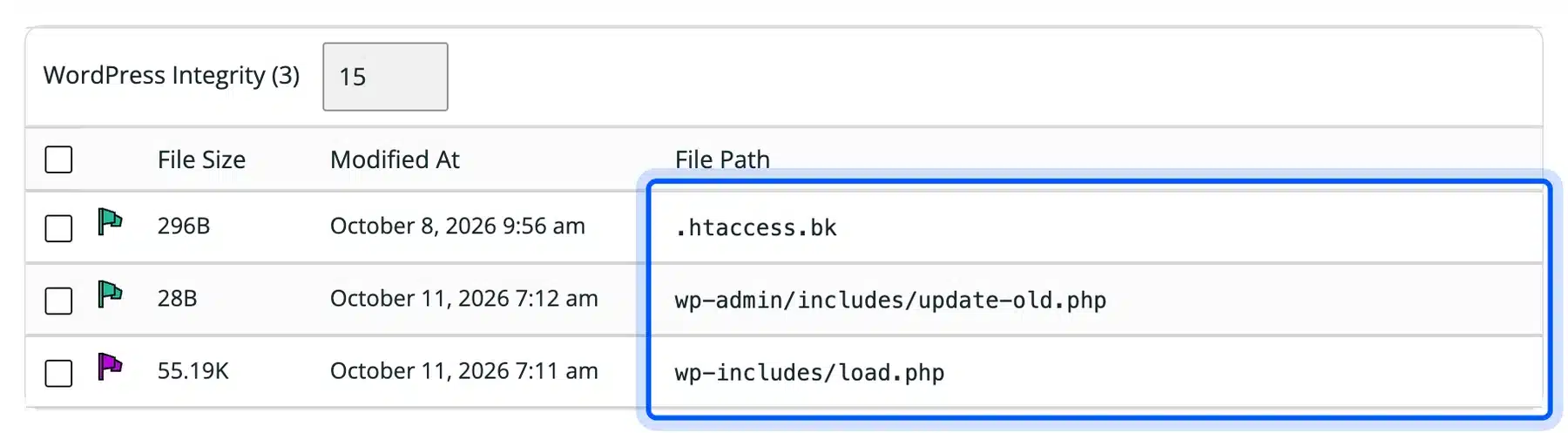 Sucuri integrity check listing three changed files